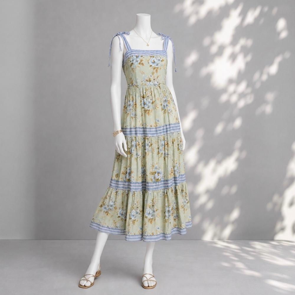 Sweet Wanderer Blue Green Floral Fairycore Midi Dress M Square Neck Cottagecore - Picture 2 of 8